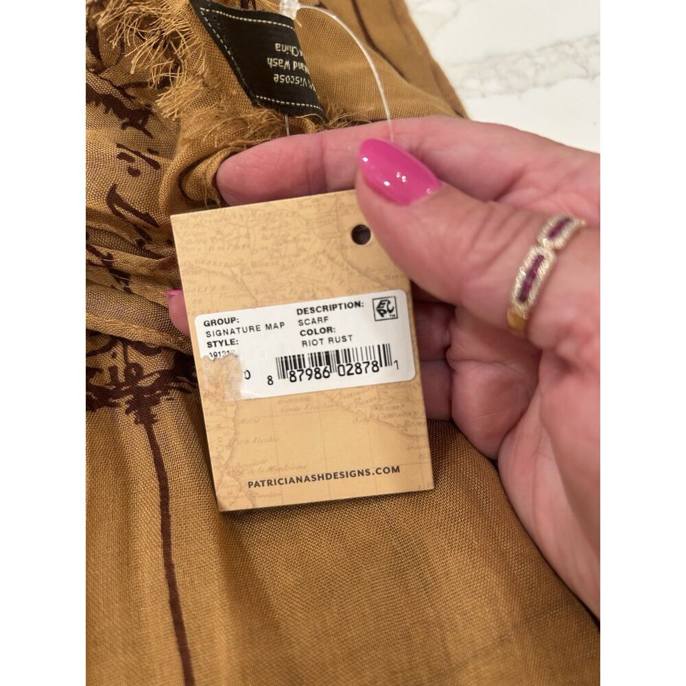 NWT Patricia Nash Signature Map Print Brown Scarf Wrap Fringe Edges Lightweight - Picture 4 of 6